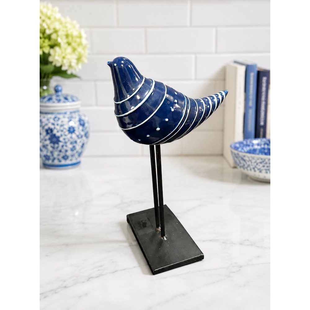 Blue Ceramic Bird Statue‎ Wrought Iron Stand Coastal Cottage Shelf Decor 10 In
